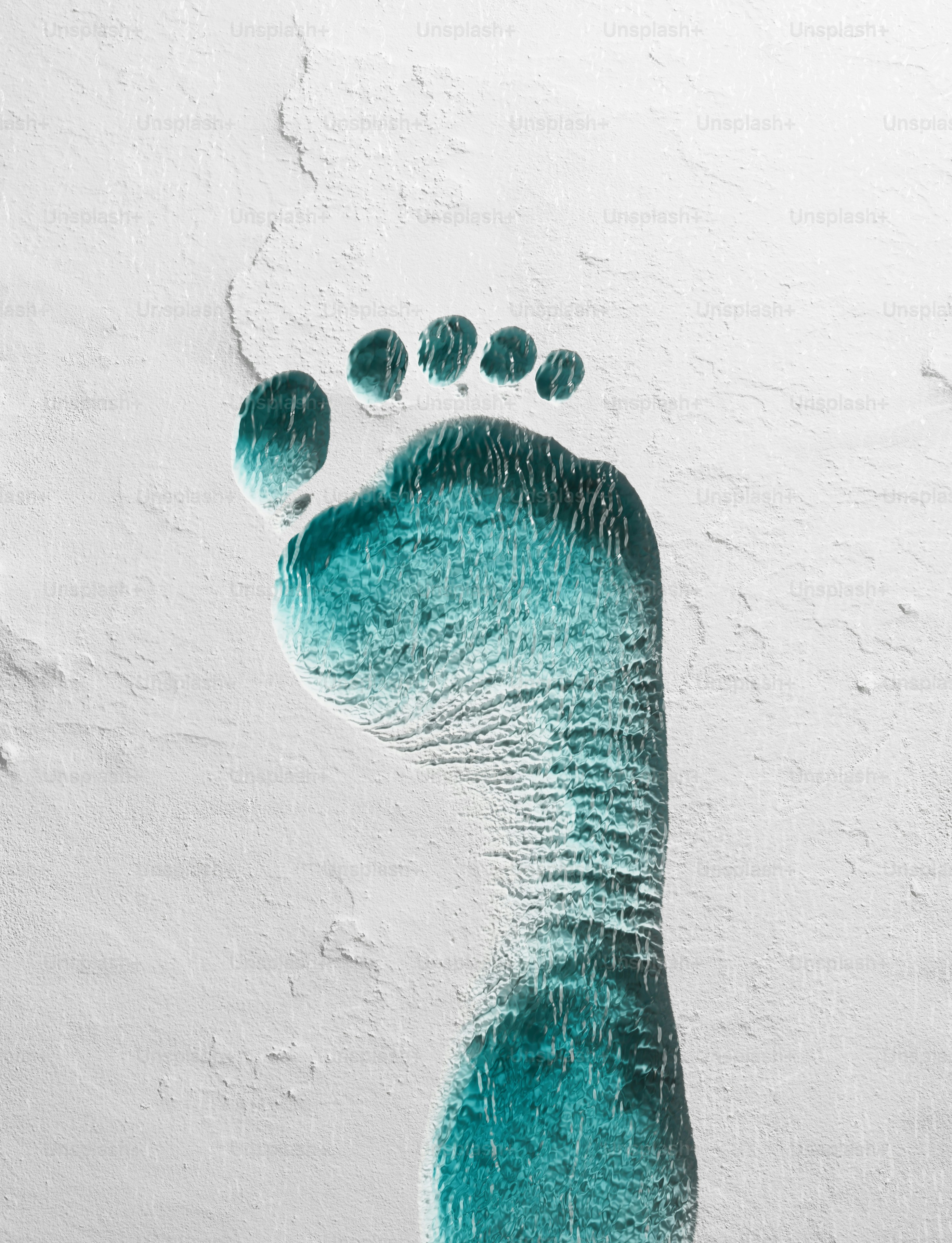 A blue footprint pressed into a white surface.